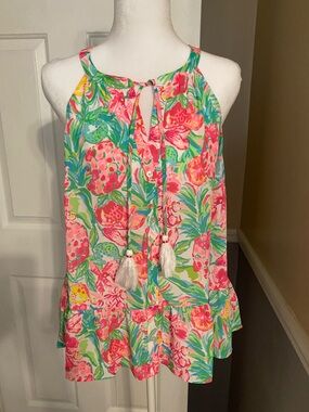 Lilly Pulitzer Pink & Green Tropical Tassel Halter Tank